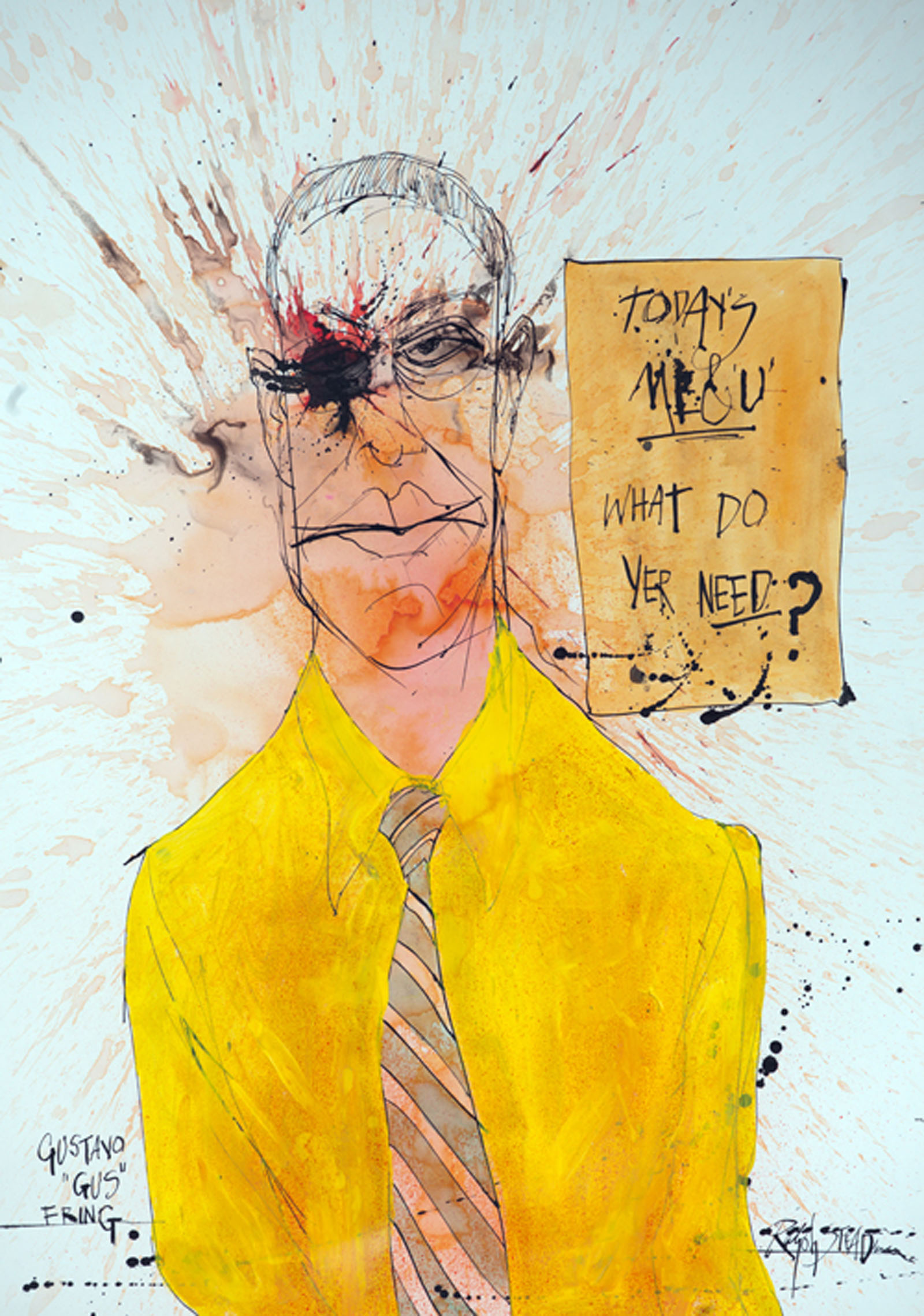 A portrait of the character, Gus from the TV show, Breaking Bad by Ralph Steadman